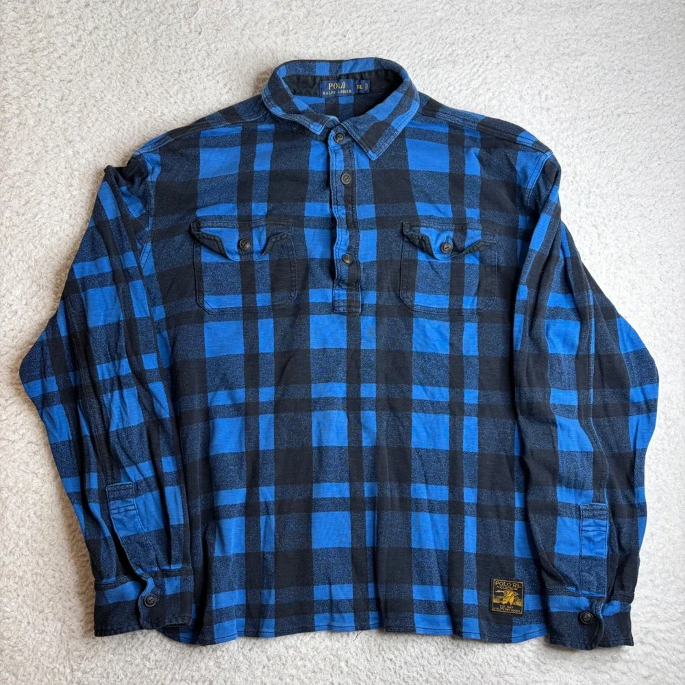 Polo Ralph Lauren Guide Men XXL Blue Black Plaid Cotton work shirt cateye button